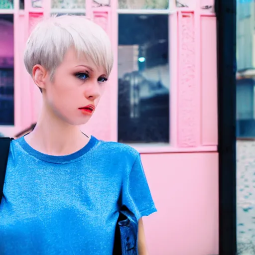 Prompt: hyperdetailed photo of a serious woman with light blue eyes and open mouth, very short hair, pristine skin, in a cybercity, in front of pink store, transparent wearing tight transparent t - shirt, inside berghain, classic, photo 3 5 mm leica, hyperdetail, 8 k, very detailed, fine - face
