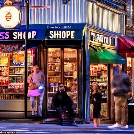 Prompt: a best side shop in usa, people outside walk, midnight, selfie, took on iphone