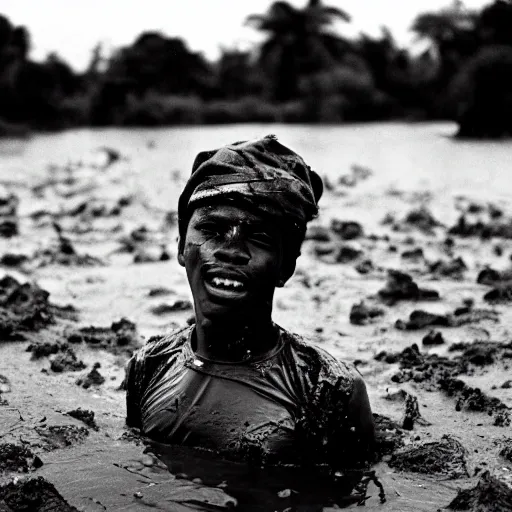 Prompt: 1 8 year old black boy soldier, rising out of muddy vietnam river, face covered in mud, low camera angle at water level, night time, film still from apocalypse now ( 1 9 7 9 ), 2 6 mm,