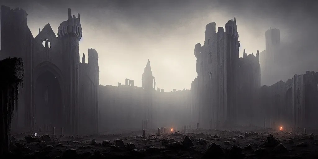 Image similar to ruins of a gothic castle, dusk, mist, dusty, ultra high definition, ultra detailed, symmetry, sci - fi, dark fantasy, dramatic lighting, by greg rutkowski and ross tran