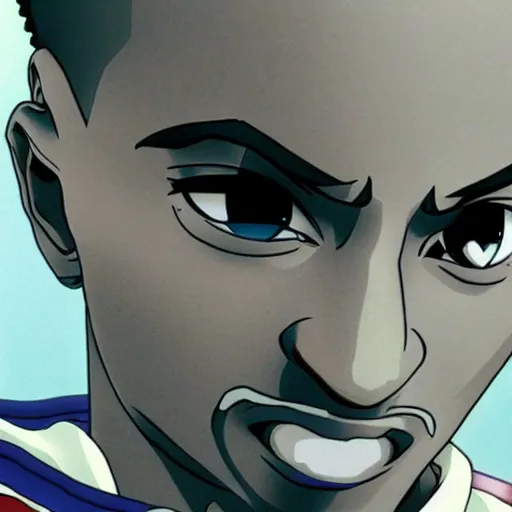 Image similar to Tupac Shakur, screenshot from a 2012s anime