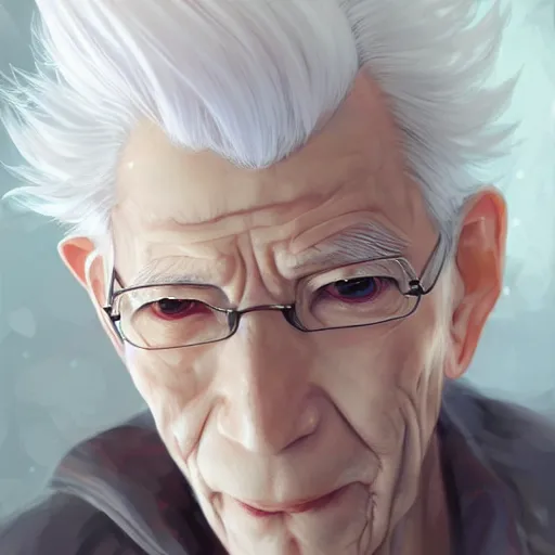 Image similar to anime portrait of an elderly boy, white hair by Stanley Artgerm Lau, WLOP, Rossdraws, James Jean, Andrei Riabovitchev, Marc Simonetti, and Sakimichan, trending on artstation