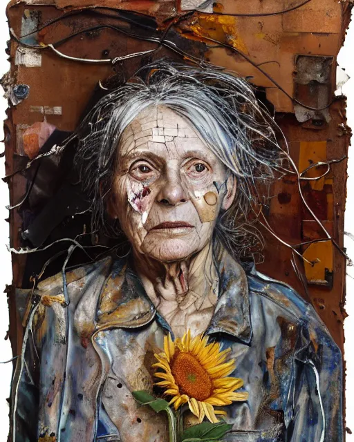 Image similar to a full length portrait of a very ordinary old woman with a blank expression, Anselm Kiefer and Lucian Freud and Jenny Saville, oil painting, rust, Scaffolding, rusted metal and sunflowers, iron cladding, decay, mixed media, textured, anatomically correct, beautiful perfect face, visible brushstrokes, sharp focus, Highly Detailed, Cinematic Lighting, 8k, HD