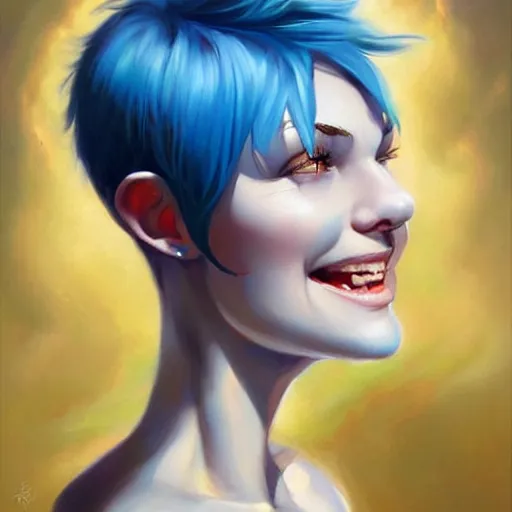 Image similar to a beautiful painting of a smiling woman with stylish short blue hair and sparkling blue eyes representative of the art style of artgerm and wlop and peter mohrbacher