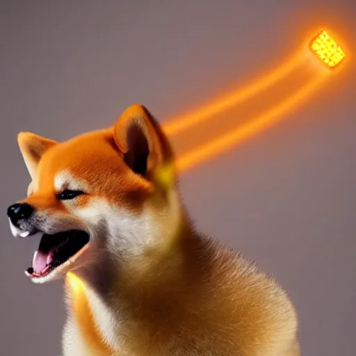 Prompt: real life super saiyan shiba inu with glowing yellow fur shooting a kamehameha energy beam