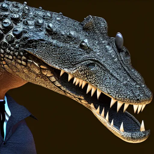 Prompt: anthropomorphic alligator wearing a vest, cinematic lighting, digital art