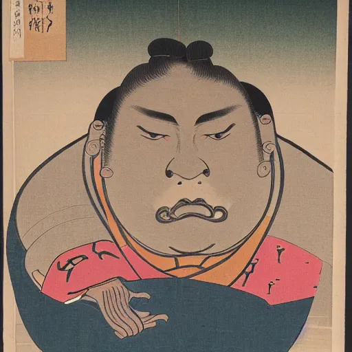 Prompt: edo period japanese print of a sumo wrestler using a computer