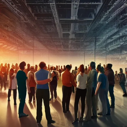 Image similar to large group people in a warehouse, looking at hologram of futuristic city on a table, cinematic concept art, godrays, golden hour, natural sunlight, 4 k, clear details, tabletop model buildings, tabletop model, hologram center, crane shot, crane shot, crane shot
