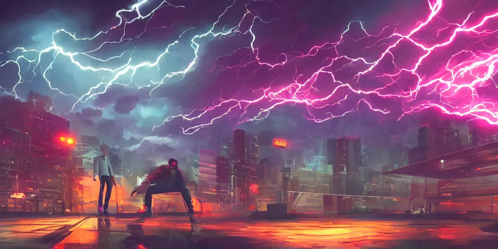 Image similar to Lightning storm rap battle, digital art, vapor wave, hip hop, blade runner, trending on Artstation, professional artist, detailed, 4k