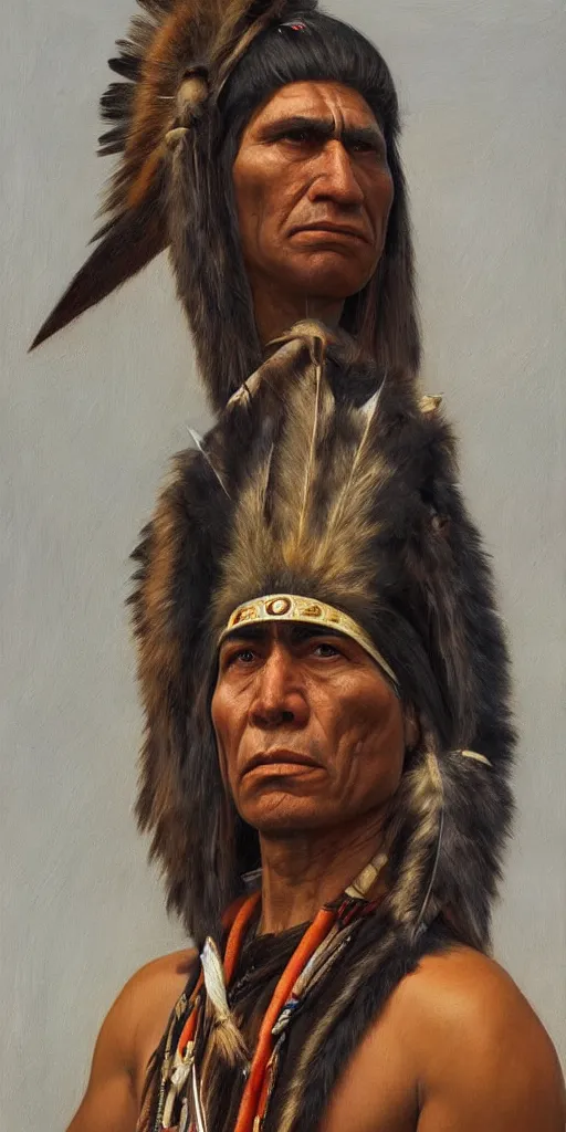 Image similar to a stunning and noble highly detailed portrait of a native american warrior by josep tapiro baro and edward hopper, trending on artstation, oil painting masterpiece, symmetry, mysterious, very very very aesthetic