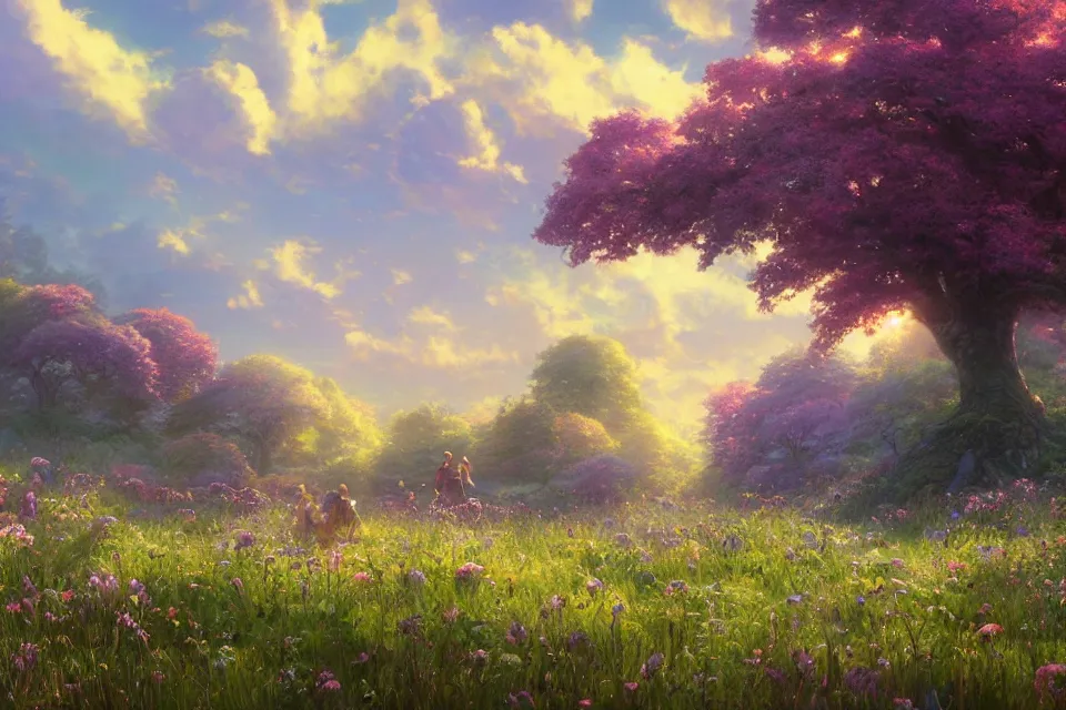 Prompt: Rendering of a scene with a meadow full of strange flowers, by Makoto Shinkai and Thomas Kinkade, fantasy matte painting, trending on cgsociety and unreal engine, light effect, highly detailed, super wide angle