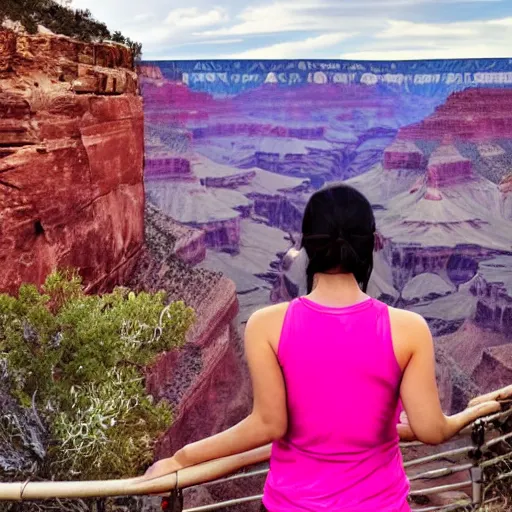 Prompt: a photo of a young woman with long pink hair looking at grand canyon, hiking clothes, tank top, backpack, arizona, grand canyon in background, cinematic, beautiful, stunning, morning, epic, 8 k