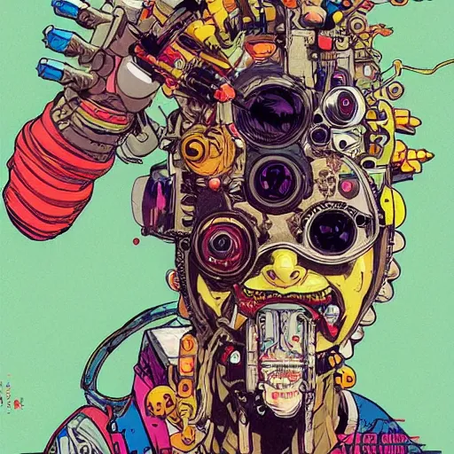 Image similar to cyberpunk clown cyborg portrait, illustration, pop art, splash painting, art by geof darrow, ashley wood, alphonse mucha, makoto shinkai