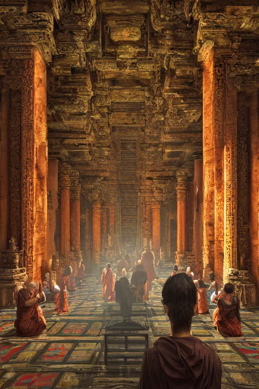 Image similar to inside an ancient temple, portrait, monks praying in rows, powerful, intricate, elegant, volumetric lighting, scenery, digital painting, highly detailed, artstation, sharp focus, illustration, concept art, ruan jia, steve mccurry