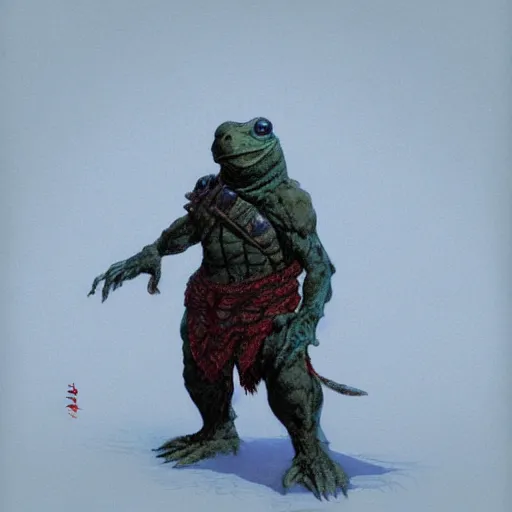 Image similar to anthropomorphic turtle humanoid, carapace, frank frazetta, blizzard, winter, night, furs, fantasy