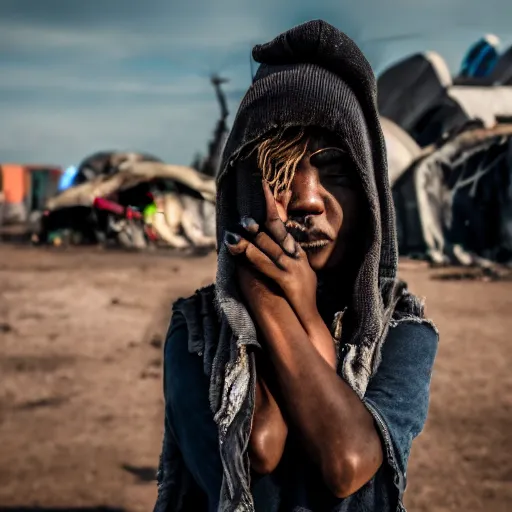 Prompt: photographic portrait of a distressed streetwear woman holding back tears, a futuristic shanty town burns in the background, closeup, sigma 85mm f/1.4, 4k, depth of field, high resolution, 4k, 8k, hd, full color