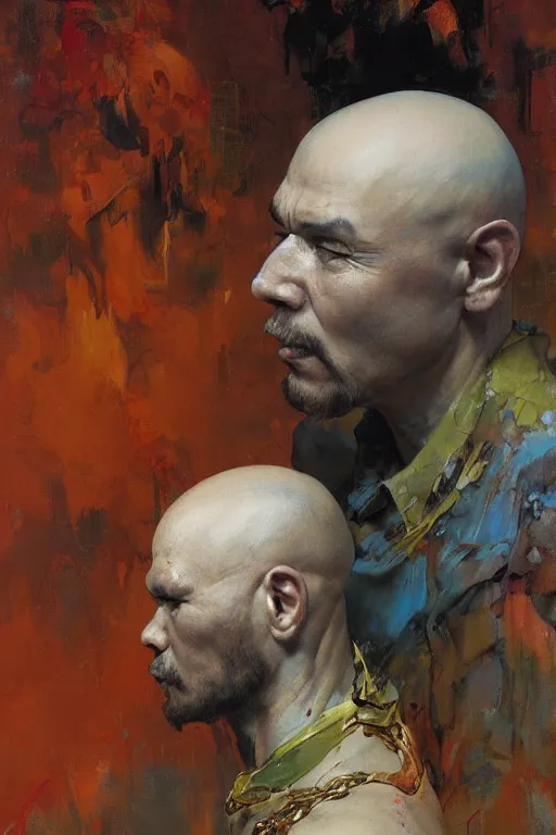 Image similar to creative bald kazakh guy with a short beard, painted by ruan jia, raymond swanland, lawrence alma tadema, zdzislaw beksinski, norman rockwell, jack kirby, tom lovell, alex malveda, greg staples