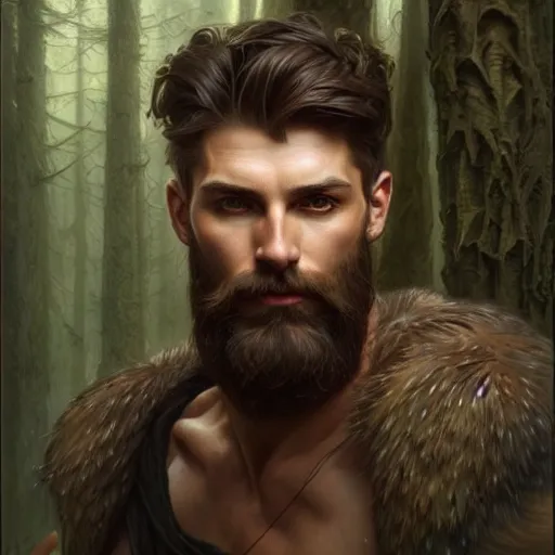 Prompt: portrait of forest gog, male, clear face, masculine, beard, upper body, muscular, fantasy, intricate, elegant, highly detailed, digital painting, artstation, concept art, matte, sharp focus, illustration, art by artgerm and greg rutkowski and alphonse mucha