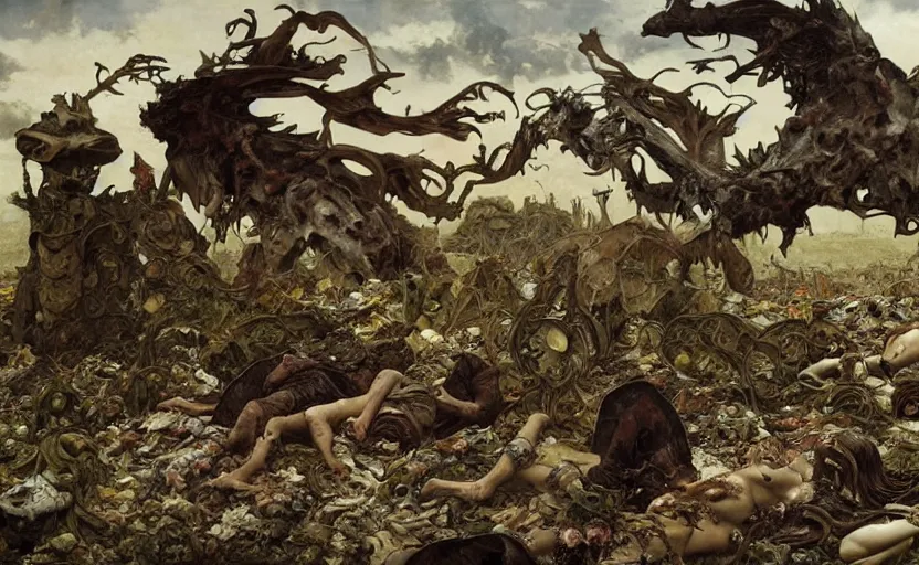 Prompt: renaissance grotesque painting of ovni crash wasteland, landfill, swamp, corpses on the floor, elegant artwork by lee bermejo and greg rutkowski and alphonse mucha