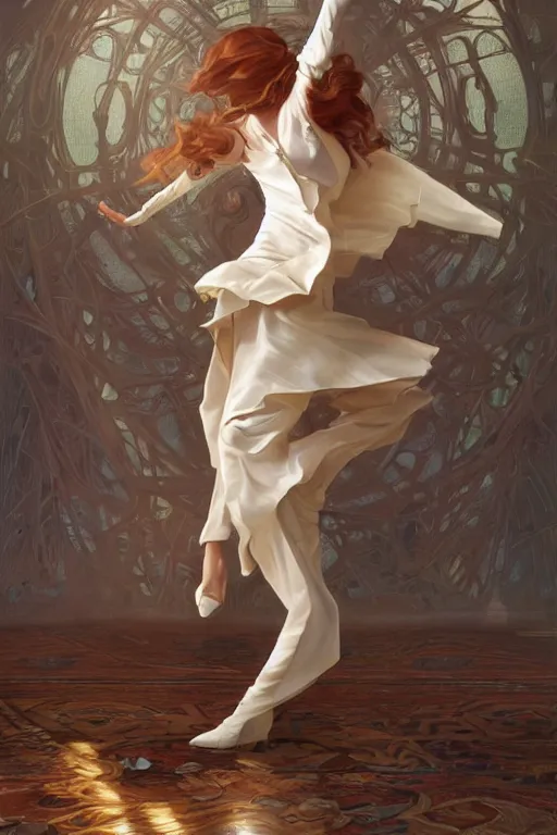 Image similar to portrait painting of woman in business suit dancing, ultra realistic, concept art, full body, intricate details, highly detailed, photorealistic, octane render, 8 k, unreal engine. art by artgerm and greg rutkowski and charlie bowater and magali villeneuve and alphonse mucha