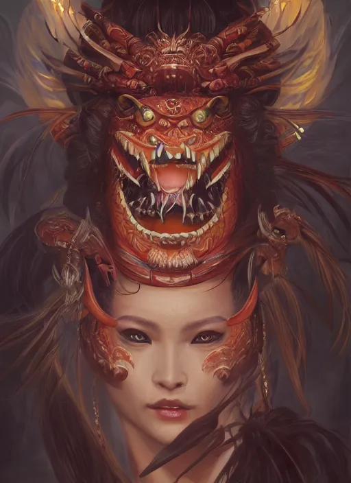 Prompt: a beautiful detailed oil on copper art illustration of a waka onna mask shogun dragon devil woman, centered, by charlie bowater, zeng fanzh, trending on artstation, dim dusk lighting, cinematic lighting, detailed lighting, volumetric lighting, realistic, f 8, 4 k hd wallpaper