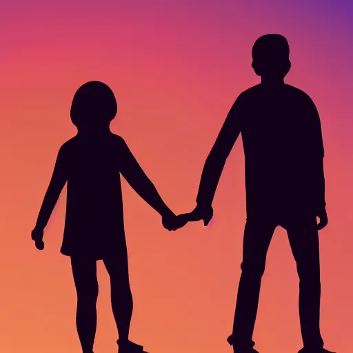 Prompt: digital illustration of a father and mother holding the hands of their toddler while walking away into the sunset