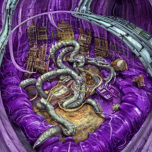 Image similar to detailed shot inside a goddess mecha dragon's cavernous living stomach, the walls purple, ribbed, and pulsing, slimy and hot, lots of acid pooling up on the floor, digesting a bunch humans that ended up inside, food pov, micro pov, vore, digital art, furry art, high quality, 8k 3D realistic, macro art, micro art, Furaffinity, Deviantart, Eka's Portal, G6