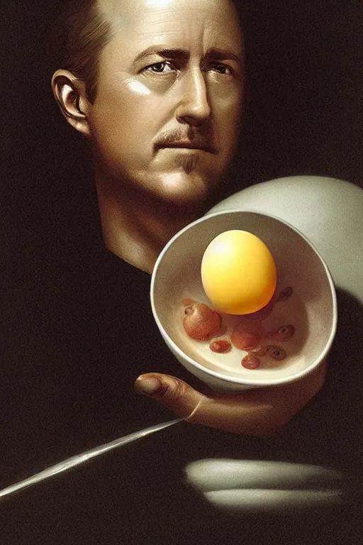 Image similar to a boiled egg with edward norton's face in the egg, highly detailed, dramatic lighting, concept art by caravaggio and greg rutkowski and artgerm