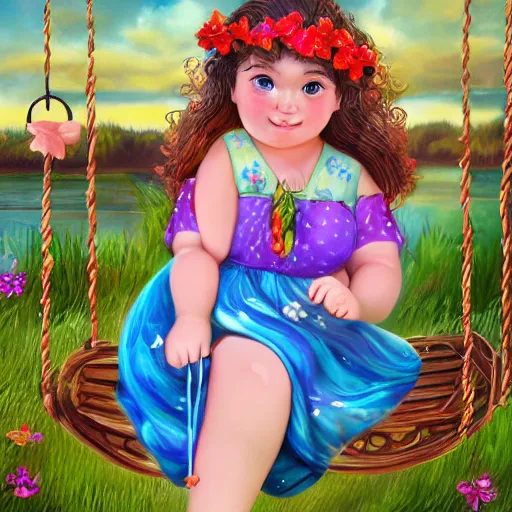 Image similar to spectacular scene of a little fat sweet girl with flowery dress, sitting on a swing and hugging a colorful fish, by the stormy lake. clear beautiful fat face. morning time. an amazingly beautiful scene. beautiful lighting, 4 k post - processing, trending in art station, cg society, highly detailed, 5 k extremely detailed, 3 d. stylize scene.