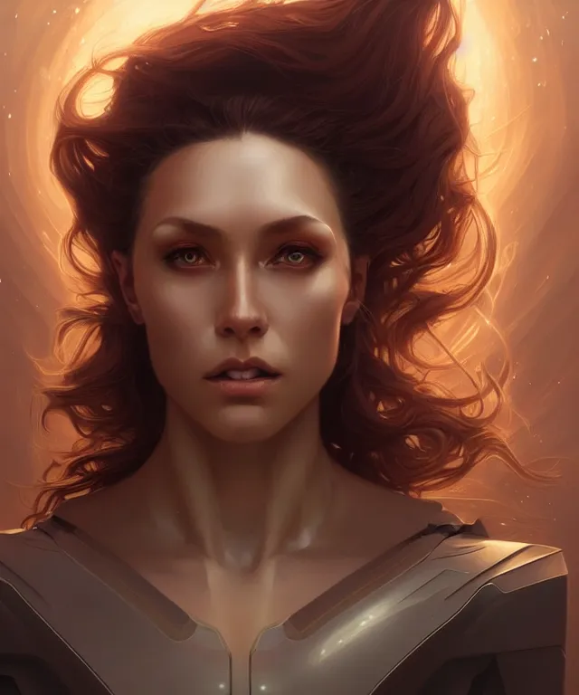 Image similar to futuristic woman portrait, sci-fi, amber eyes, face, long hair, fantasy, intricate, elegant, highly detailed, digital painting, artstation, concept art, smooth, sharp focus, illustration, art by artgerm and greg rutkowski and alphonse mucha