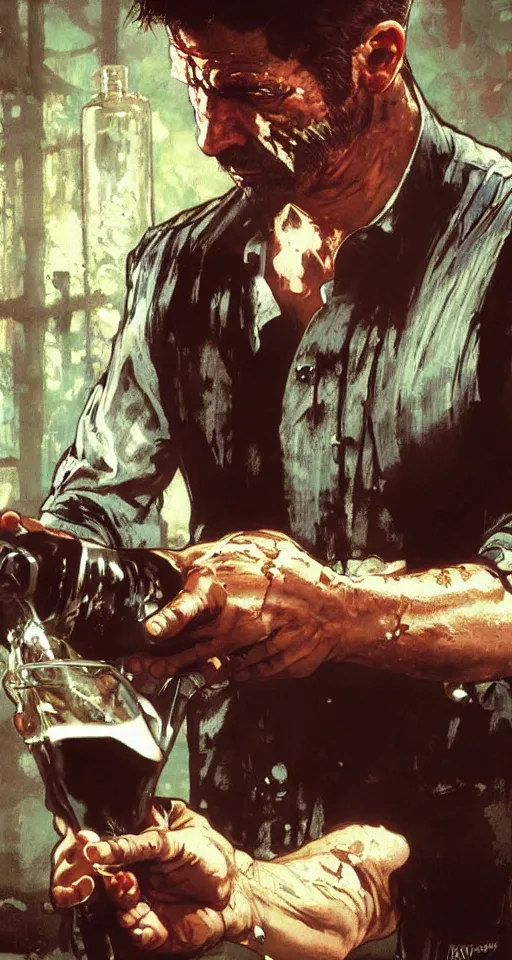 Image similar to close up of bloodied max payne pouring a drink, sun shining, photo realistic illustration by greg rutkowski, thomas kindkade, alphonse mucha, loish, norman rockwell.