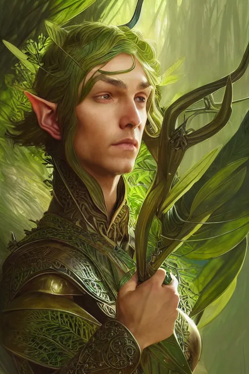 Image similar to male elven Archer armor made of green leaves, fantasy, amber eyes, face, long hair, intricate, elegant, highly detailed, digital painting, artstation, concept art, smooth, sharp focus, illustration, art by artgerm and greg rutkowski and alphonse mucha