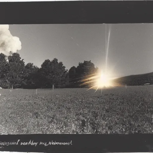 Image similar to a very bright flash in the sky, a large explosion in the distance, taken on a ww 2 camera, very high bloom ammount, realistic, the photograph is very dirty.