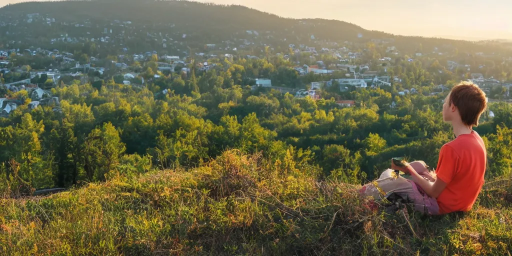 Prompt: cottagecore of a student sitting on a hilltop overlooking a suburban neighborhood on a peaceful morning