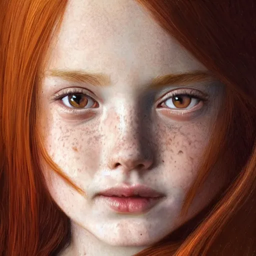 Image similar to a highly detailed, hyper realistic, red haired girl, with long hair, green eyes, hint of freckles, gentle face, cheeky smile, among golden fireflies, deep focus, elegant, digital painting, smooth, sharp focus, golden ratio, illustration, ultra realistic, 8 k, art by artgerm and caravaggio