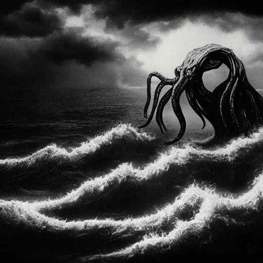 Prompt: Cthulhu, dark, sea, black background, storm