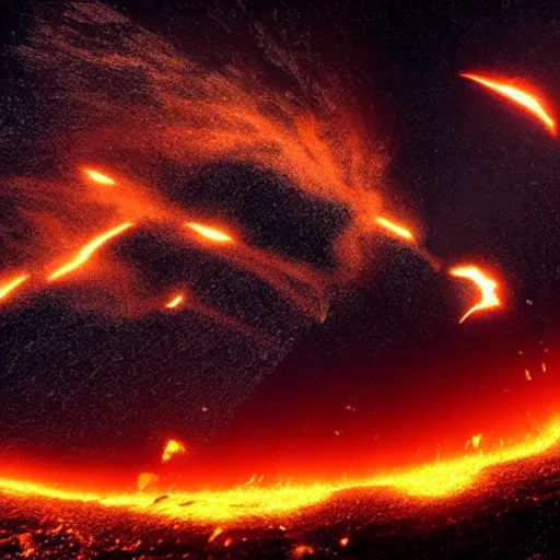 Image similar to Meteor collides with earth, total destruction, cinematic, dramatic, fire, lava, explosions, epic, crazy