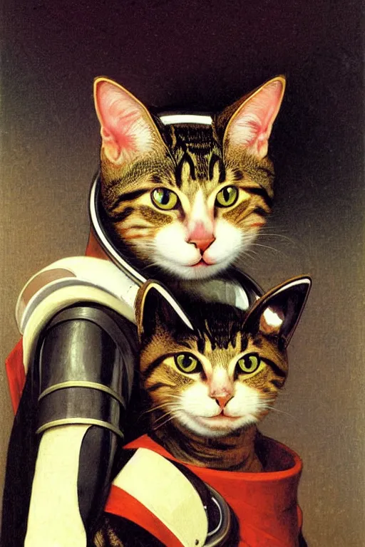 Prompt: portrait of a cat astronaut with japanese armor and helmet, by bouguereau