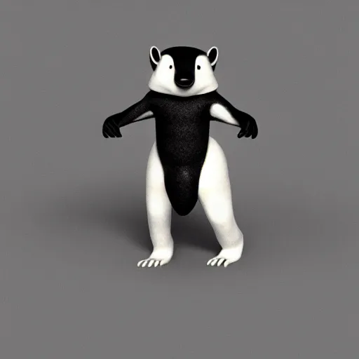 Prompt: a bipedal badger walking on white background towards the camera, he‘s wearing a red scarf, digital render