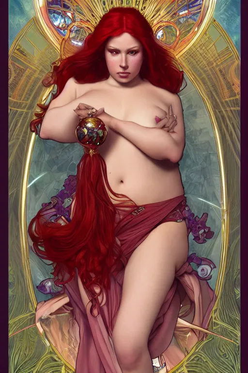 Prompt: a full body tarot card of the red haired thicc empress of eternity, space, universe, portrait, highly detailed, deep focus, elegant, digital painting, smooth, sharp focus, illustration, ultra realistic, 8 k, art by artgerm and alphonse mucha