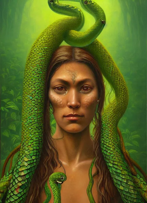 Prompt: a surreal painting of the ayahuasca vine plant spirit mixed with the face of a beautiful indigenous woman with green snake skin and yellow snake eyes, matte painting, by christophe vacher, trending on artstation