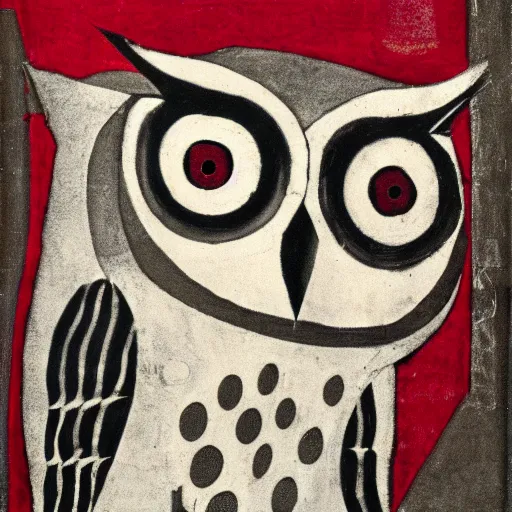 Prompt: symbol of an owl on a war banner, avant garde style, cubism, red eyes, circa 1 6 0 0 s, shallow focus, old, grain, scretch, photorealism, realistic photography, war photography, war, history, museum collection