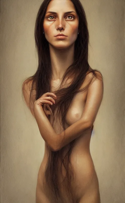 Image similar to a portrait of a beautiful thin fit girl with long straight dark brown hair light brown eyes and a round face, by laurie lipton, by karol bak, 8 k resolution, rendered in octane, zbrush, realistic shadows, volumetric lighting, backlit