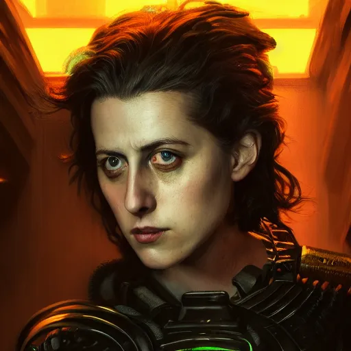 Image similar to greta gerwig portrait, dystopia core, apocalyptic, armor, warrior, dramatic, sharp focus, fiction, neon, fantasy, hyper detailed, digital art, trending in artstation, cinematic lighting, studio quality, smooth render, unreal engine 5 rendered, octane rendered, art style and nixeu and wlop and krenz cushart