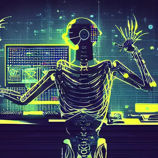 Image similar to cyberpunk skeleton with headphones playing synthesizer, honeycomb structure, smokey lights, lasers, highly detailed, realistic, dusty, technology and magic,