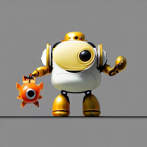 Prompt: a small chubby bot, colourful, smooth panelling, one large gold eye intricate detail, style of pokemon, with damaged rusty arms, broken antenna, recycled, floating, white studio, oil, mechanical, cute toy, ambient light, in the style of pixar animation, pokedstudios, blender, octane render, 8 k,