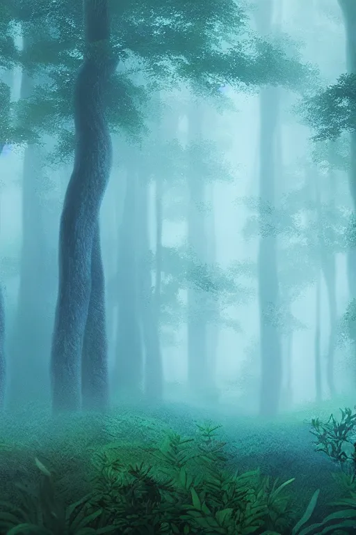 Image similar to sea blue forest, moody, realistic, Studio Ghibli 8k