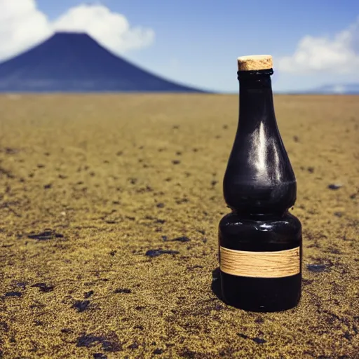 Prompt: symmetrical photo of small bottle standing, volcano background