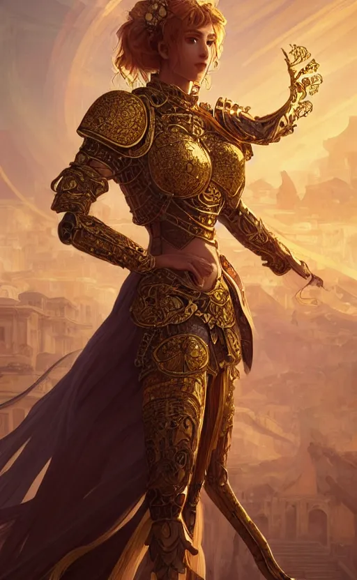 Image similar to portrait knights of zodiac girl, golden and copper shining armor, karate pose, in ruined agora of athens sunrise, ssci - fi and fantasy, intricate and very very beautiful and elegant, highly detailed, digital painting, artstation, concept art, smooth and sharp focus, illustration, art by tian zi and wlop and alphonse mucha