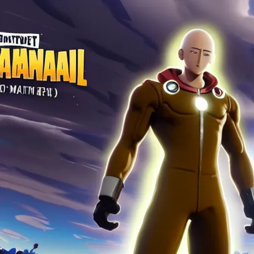 Image similar to one punch man in fortnite, character render, full body shot, highly detailed, in game render